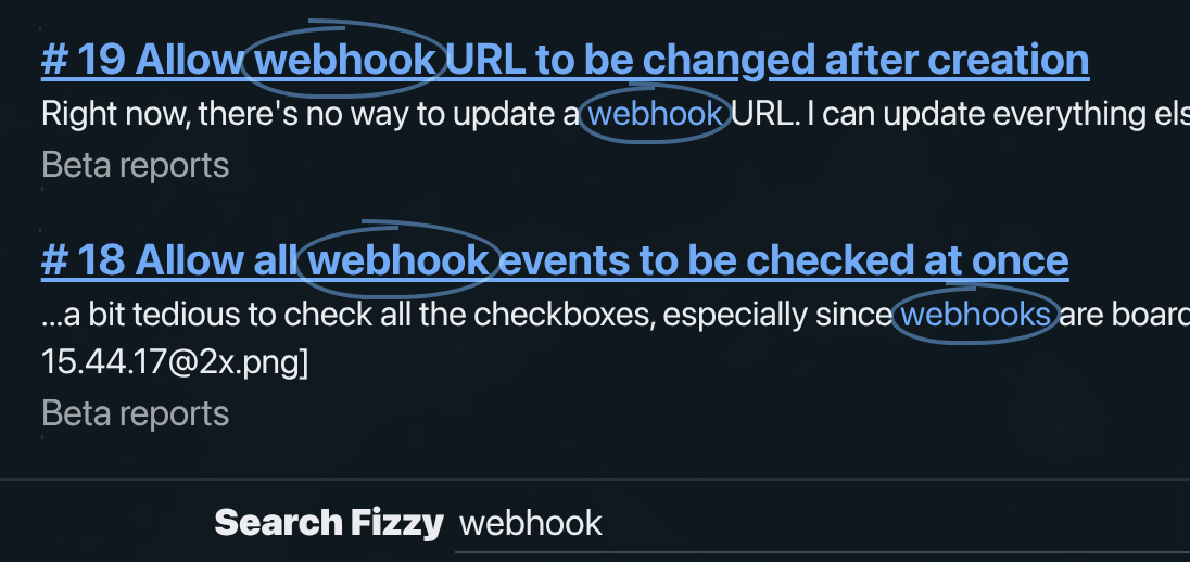 Fizzy search results showing circled text highlighting